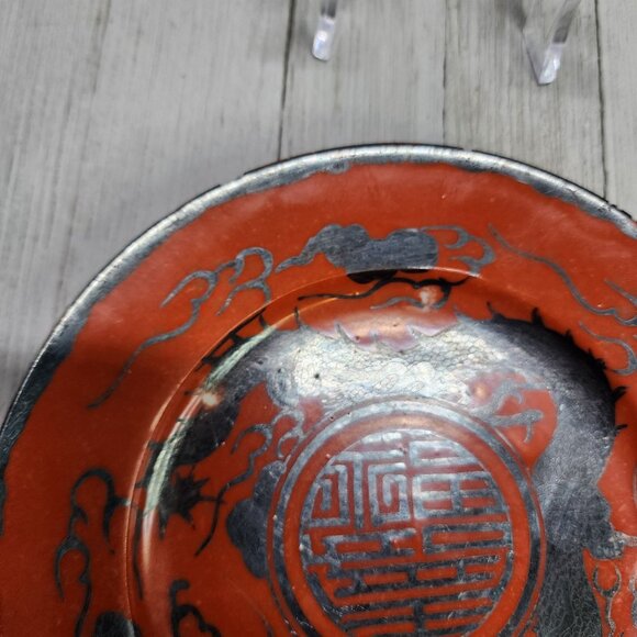 Vintage Antique Chinese Rare Red Coral Porcelain 7in Plate Silver Black Dragon - Picture 7 of 10